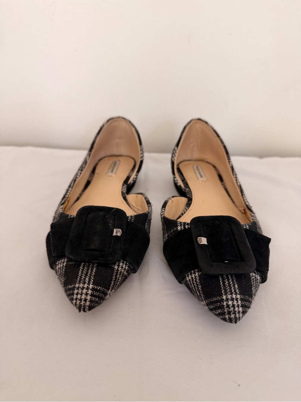 Alex Marie Black Plaid Pointed Flats with Suede Buckle